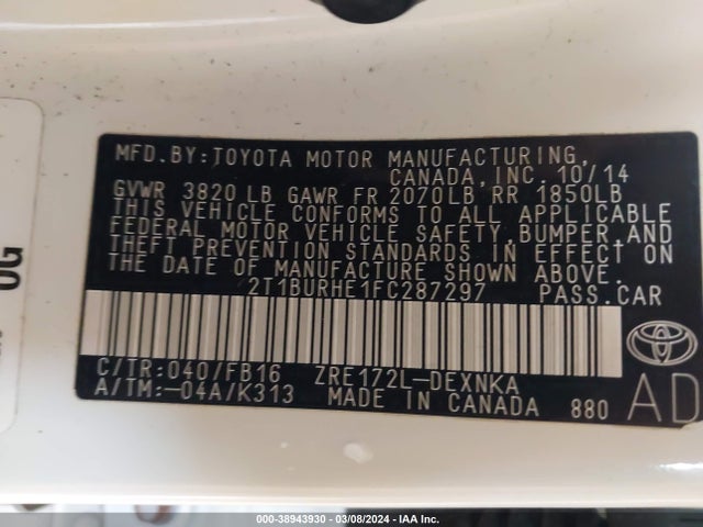 Toyota COROLLA LE 2015 2T1BURHE1FC287297 Image 9