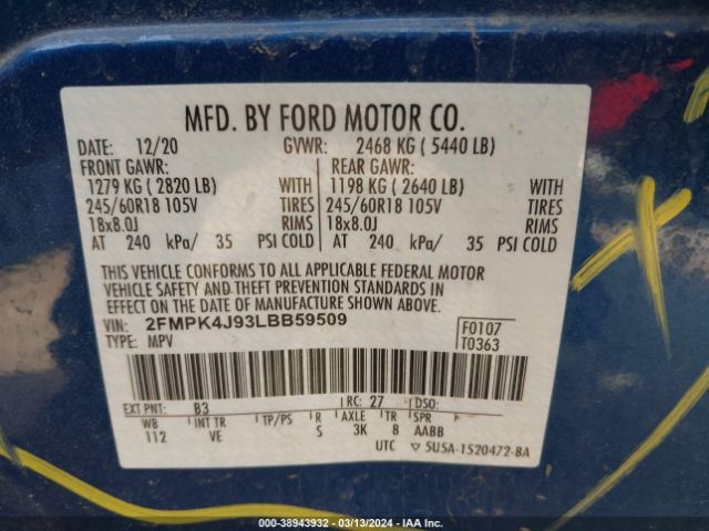 2FMPK4J93LBB59509 Ford EDGE SEL