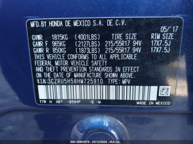 2017 HONDA HR-V 3CZRU5H58HM725910 Photo 8