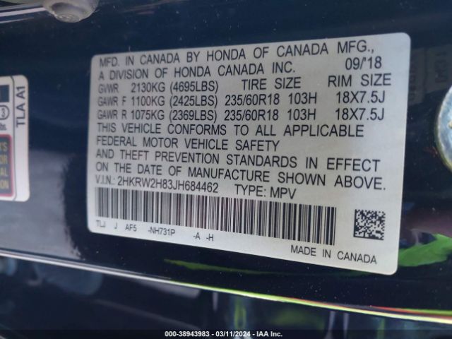 2HKRW2H83JH684462 Honda Cr-v Ex-l/ex-l Navi