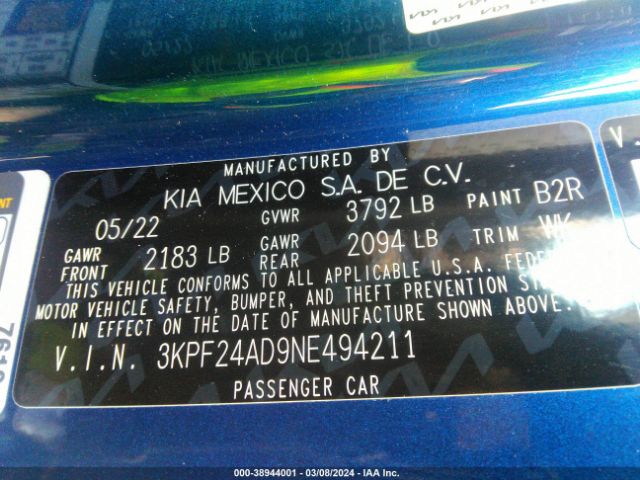 3KPF24AD9NE494211 KIA Forte Lxs