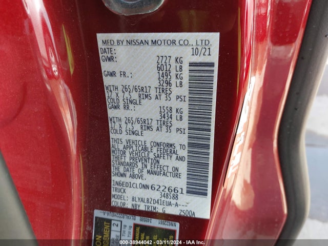 Nissan Frontier King Cab Sv 4x2 2022 1N6ED1CL0NN622661 Image 9