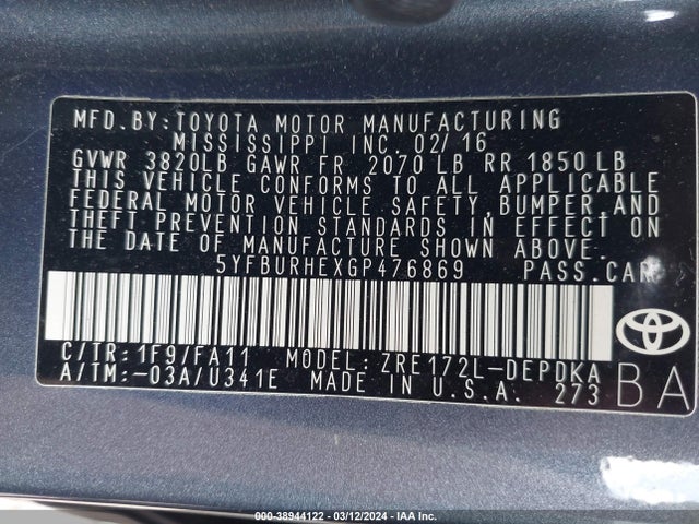 Toyota COROLLA L 2016 5YFBURHEXGP476869 Image 9
