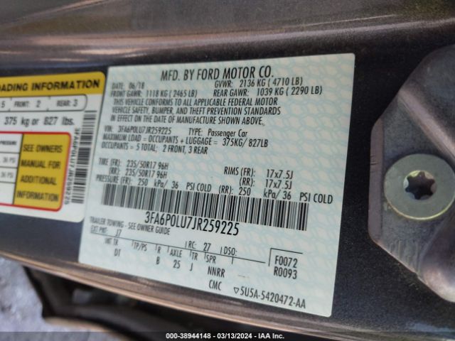 3FA6P0LU7JR259225 Ford Fusion Hybrid Se