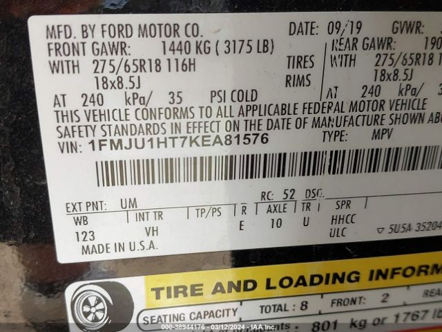 1FMJU1HT7KEA81576 Ford Expedition Xlt