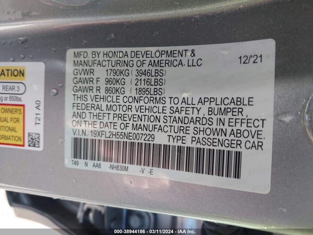 Honda Civic Lx 2022 19XFL2H55NE007229 Image 9