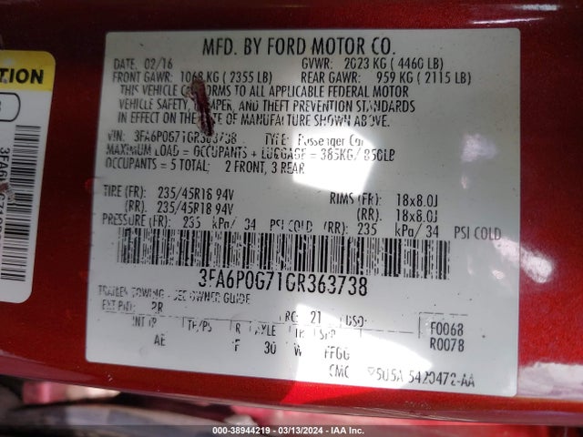 Ford FUSION S 2016 3FA6P0G71GR363738 Image 9