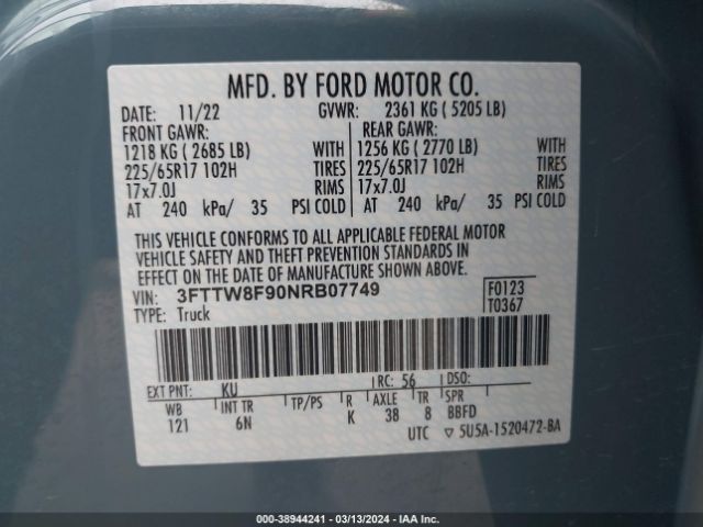 3FTTW8F90NRB07749 Ford Maverick Lariat