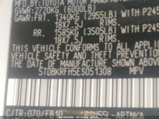 Toyota Highlander Le V6 2014 5TDBKRFH5ES051308 Image 9