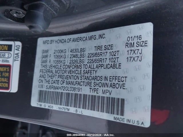 Honda Cr-v Ex-l 2016 5J6RM4H72GL038191 Image 9