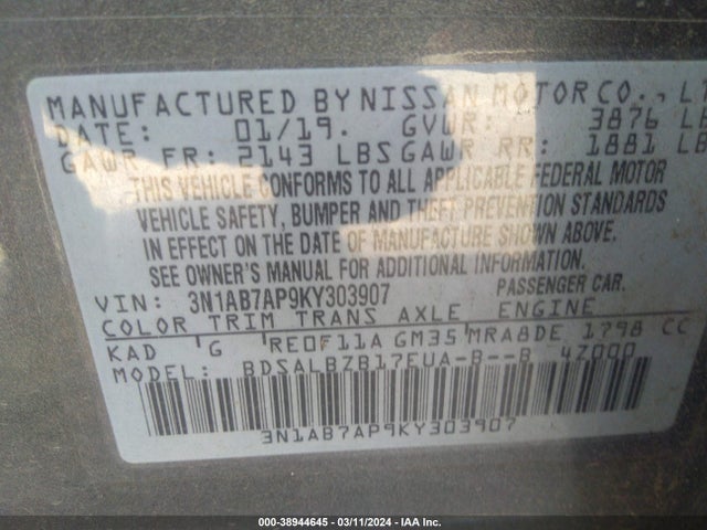Nissan SENTRA S 2019 3N1AB7AP9KY303907 Image 9
