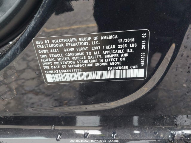 1VWLA7A39KC011539 Volkswagen Passat 2.0t Wolfsburg Edition