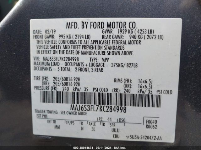 MAJ6S3FL7KC284998 Ford ECOSPORT S