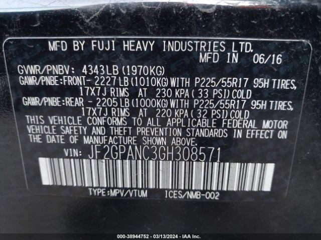 JF2GPANC3GH308571 Subaru Crosstrek 2.0i Limited