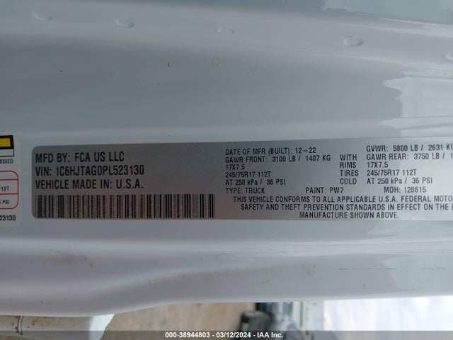 2023 JEEP GLADIATOR SPORT S 4X4 VIN: 1C6HJTAG0PL523130