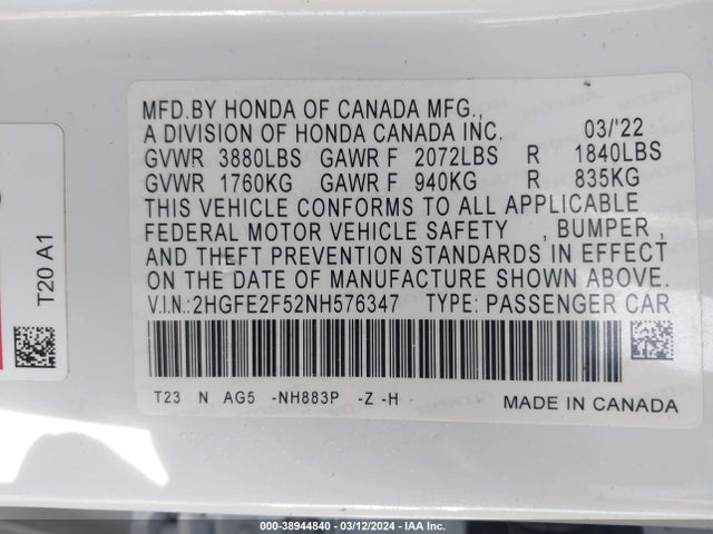 Honda Civic Sport 2022 2HGFE2F52NH576347 Image 9