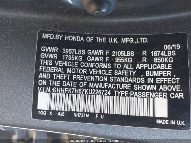 Honda CIVIC EX 2019 SHHFK7H67KU226724 Image 9