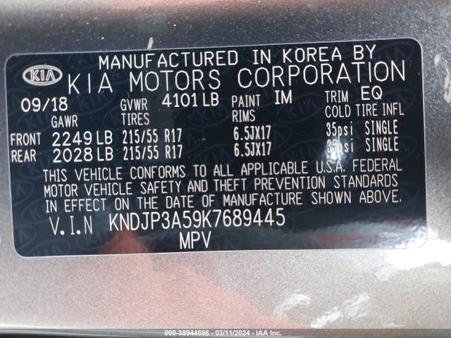 KIA SOUL + 2019 KNDJP3A59K7689445 Image 9