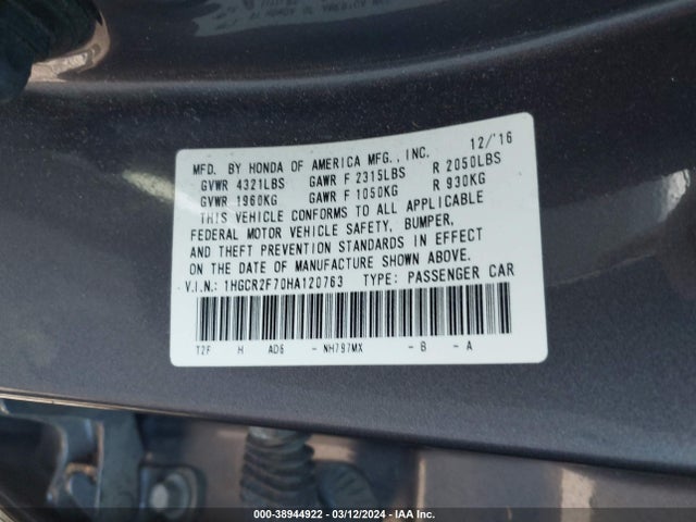 Honda ACCORD EX 2017 1HGCR2F70HA120763 Image 9