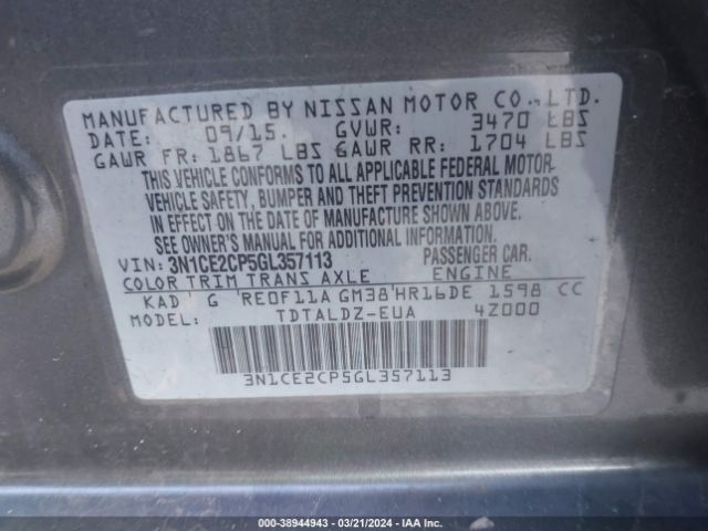 3N1CE2CP5GL357113 Nissan Versa Note S (sr)/s Plus/sl/sr/sv