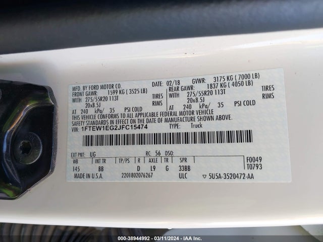 Ford F-150 Platinum 2018 1FTEW1EG2JFC15474 Image 9