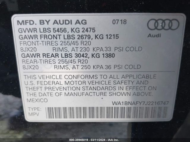 WA1BNAFY7J2216747 Audi Q5 2.0t Premium/2.0t Tech Premium