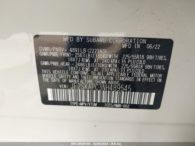 Subaru Forester Limited 2022 JF2SKAPC3NH489545 Image 9