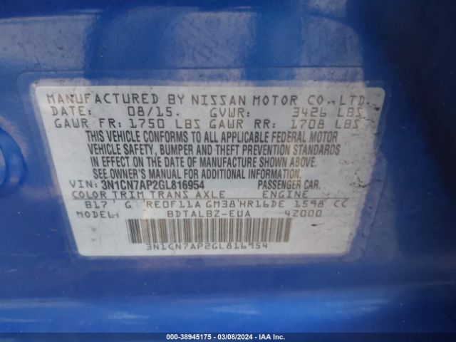 3N1CN7AP2GL816954 Nissan Versa 1.6 S/1.6 S+/1.6 Sl/1.6 Sv