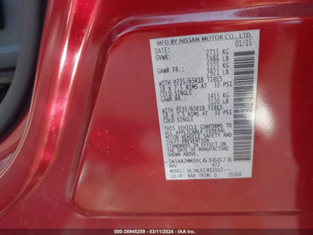 5N1AR2MM3FC636076 Nissan Pathfinder Platinum/s/sl/sv