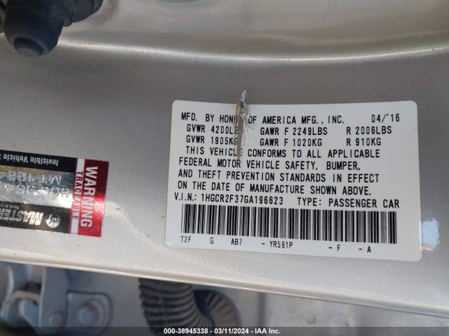 Honda ACCORD LX 2016 1HGCR2F37GA196623 Image 9