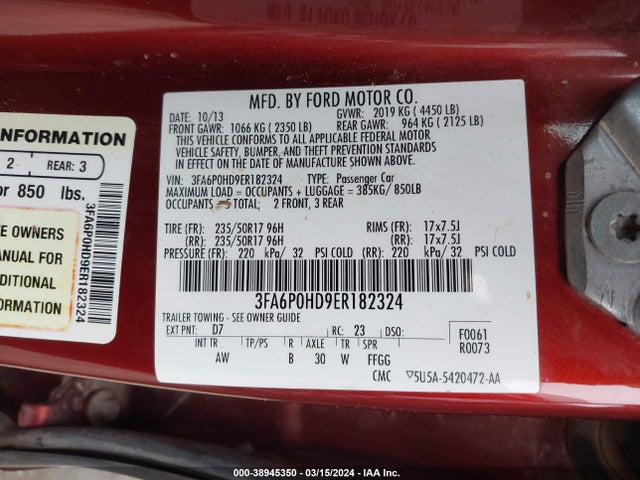 Ford FUSION SE 2014 3FA6P0HD9ER182324 Image 9