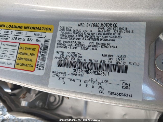 Ford FUSION SE 2017 3FA6P0HD2HR363611 Image 9