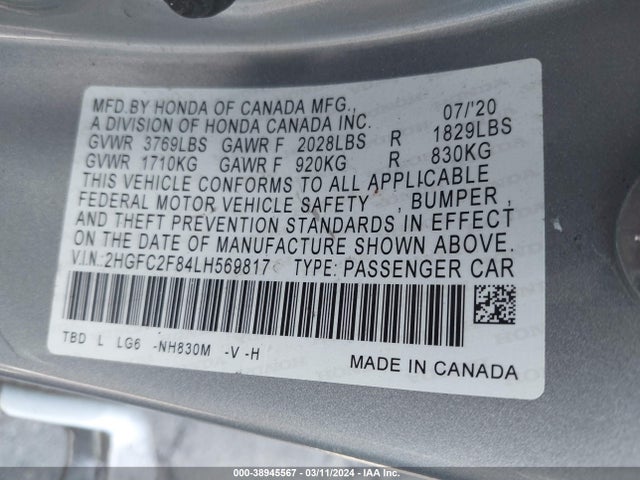 Honda Civic Sport 2020 2HGFC2F84LH569817 Image 9
