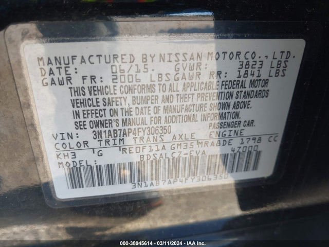 2015 NISSAN SENTRA S VIN: 3N1AB7AP4FY306350