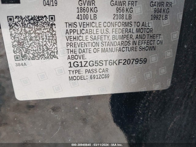 Chevrolet MALIBU RS 2019 1G1ZG5ST6KF207959 Image 9
