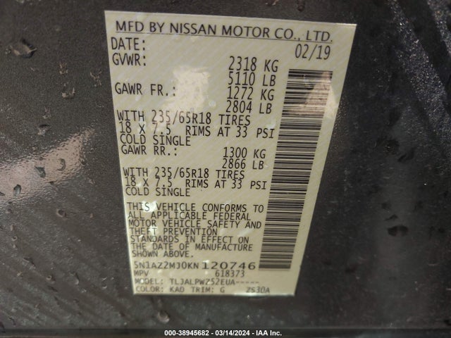 Nissan MURANO S 2019 5N1AZ2MJ0KN120746 Image 9