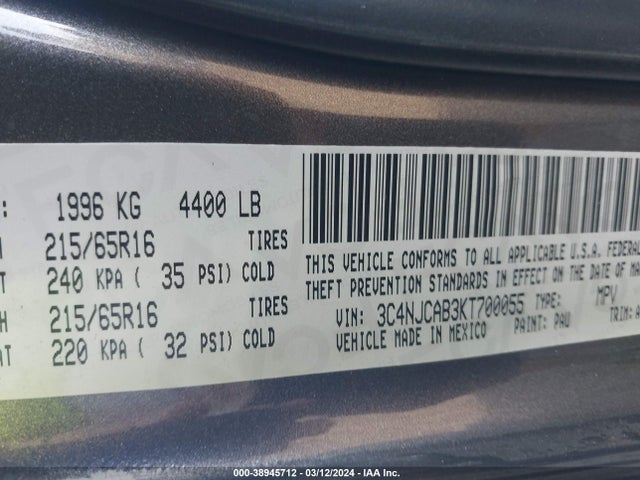 3C4NJCAB3KT700055 Jeep Compass Sport Fwd