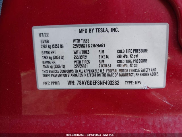 7SAYGDEF3NF493283 Tesla Model Y Performance Dual Motor All-wheel Drive