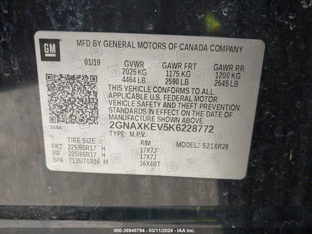 Chevrolet EQUINOX LT 2019 2GNAXKEV5K6228772 Image 9