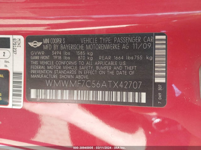 2010 MINI COOPER S WMWMF7C56ATX42707 Photo 8
