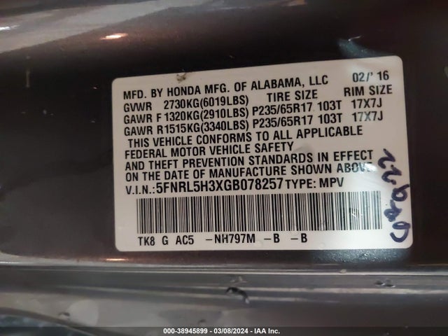 Honda ODYSSEY SE 2016 5FNRL5H3XGB078257 Image 9