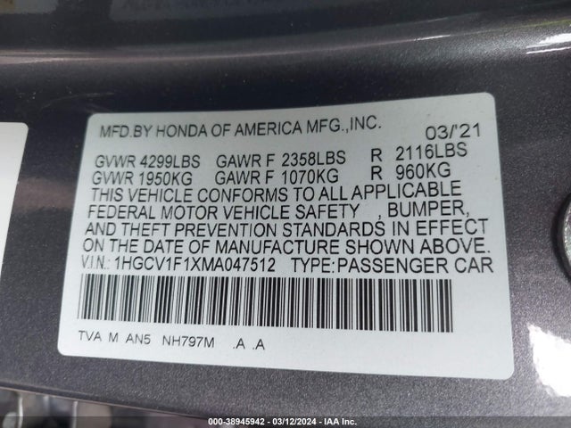 Honda ACCORD LX 2021 1HGCV1F1XMA047512 Image 9