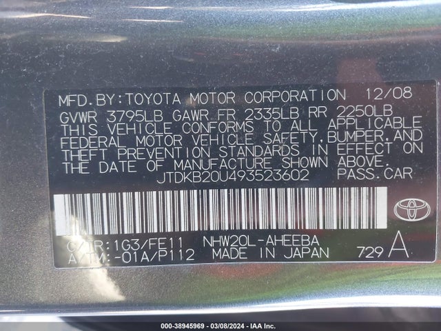 2009 TOYOTA PRIUS VIN: JTDKB20U493523602