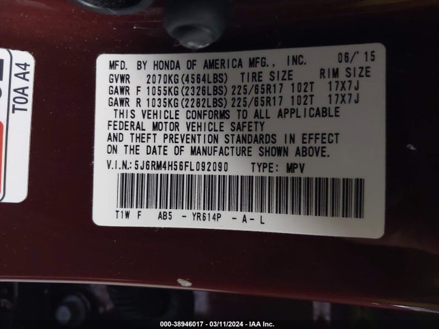 Honda CR-V EX 2015 5J6RM4H56FL092090 Image 9