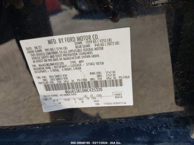2021 FORD ECOSPORT TITANIUM VIN: MAJ6S3KL0MC435320