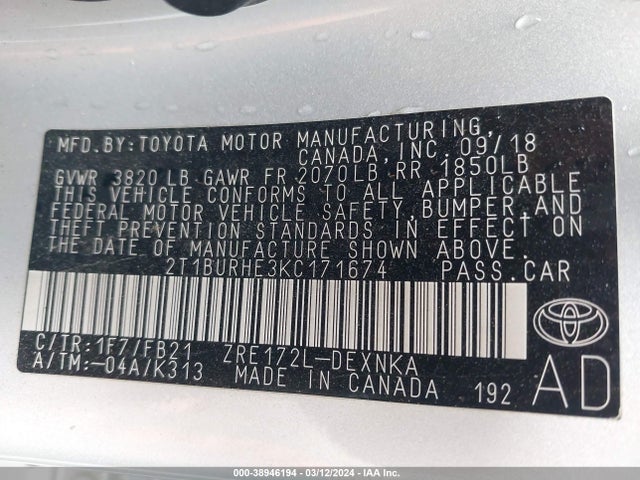 Toyota COROLLA LE 2019 2T1BURHE3KC171674 Image 9