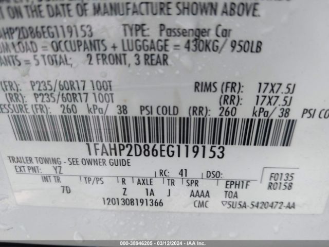 1FAHP2D86EG119153 Ford TAURUS SE