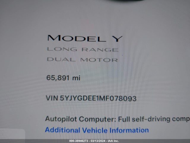 5YJYGDEE1MF078093 Tesla Model Y Long Range Dual Motor All-wheel Drive