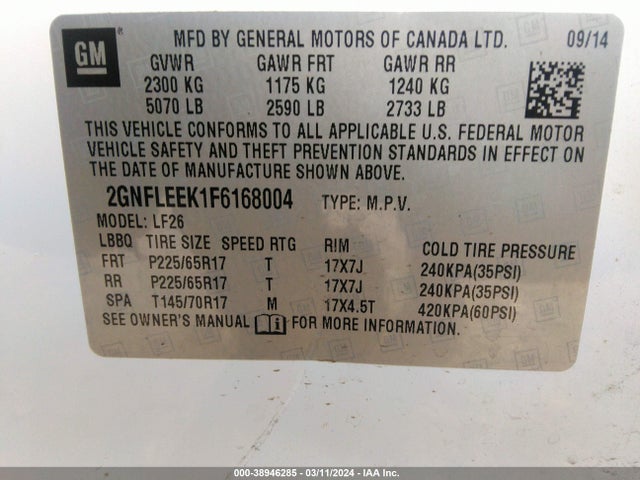 2015 Chevrolet Equinox Ls მანქანა იყიდება აუქციონზე, vin: 2GNFLEEK1F6168004, აუქციონის ნომერი: 38946285