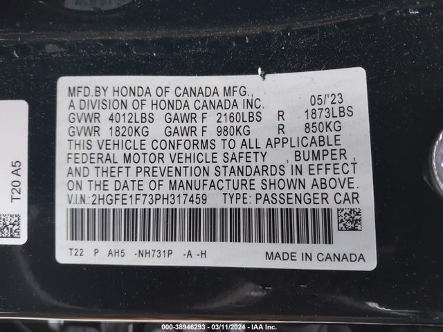 Honda Civic Ex /ex W/o Bsi 2023 2HGFE1F73PH317459 Image 9